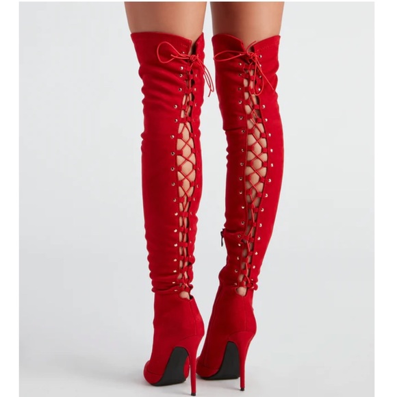 Red High Heel Open Back Corset Lace Up Thigh High Boot - Picture 3 of 11